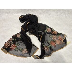 Lord and Taylor Silk Beaded Floral Scarf Black Gold Sheer Embroidered NWT Y2K